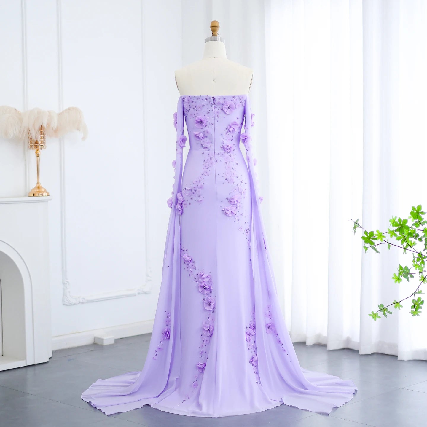 Elegant Off Shoulder Lilac 3D Flowers Evening Dress with Cape Sleeves for Wedding Party - Image 5