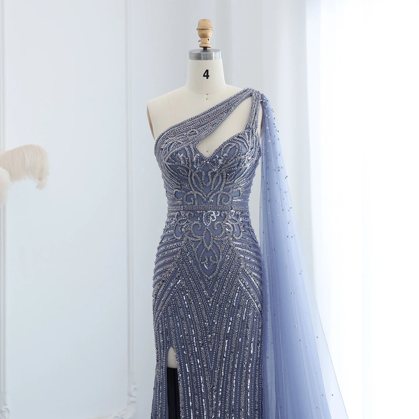 Luxury Beaded Mermaid Nude Evening Dress with Cape Sleeve One Shoulder Side Slit Women Wedding Party Gowns - Image 4