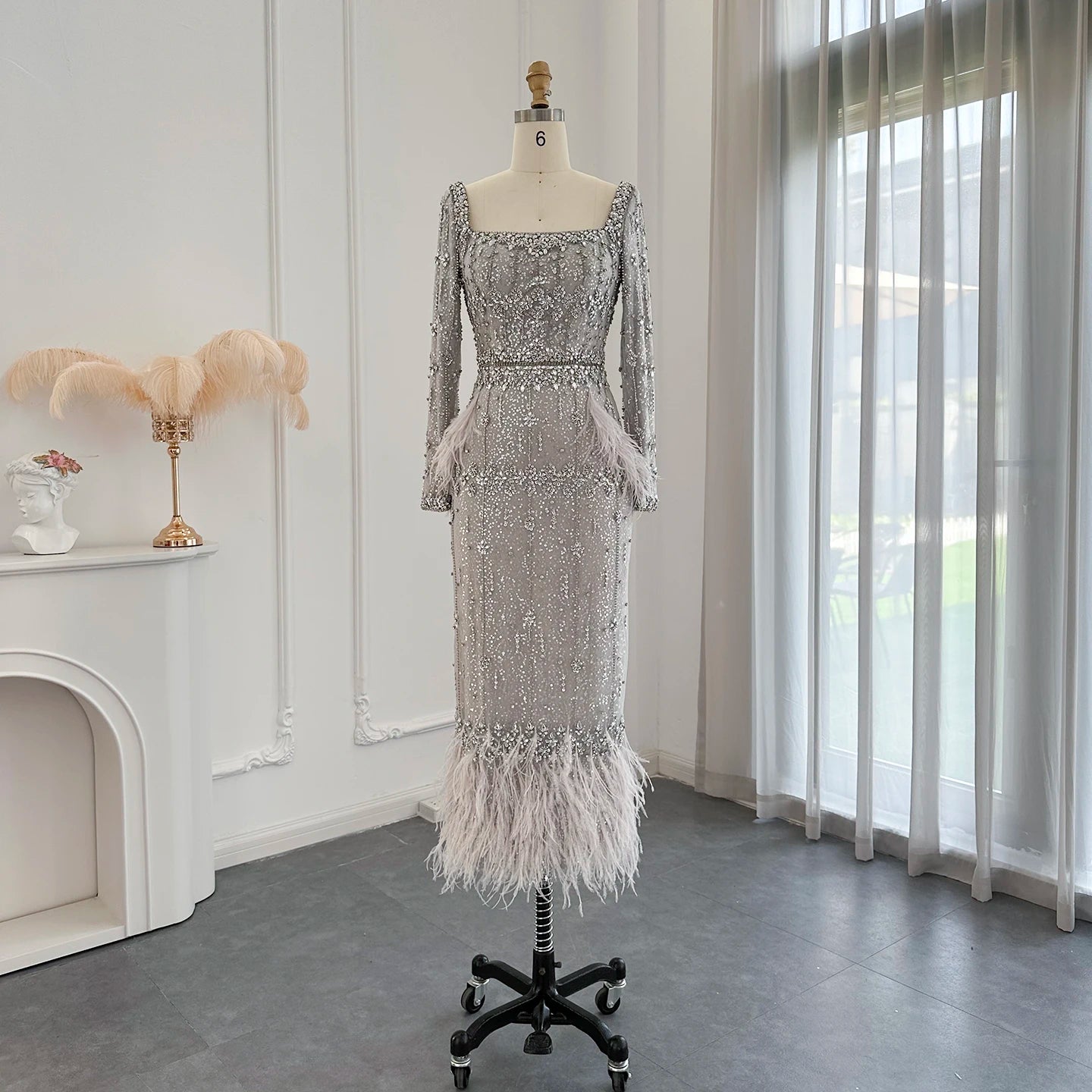 Mermaid Evening Dress with Cape Luxury Feather Formal Dresses for Women Wedding Party - Image 7