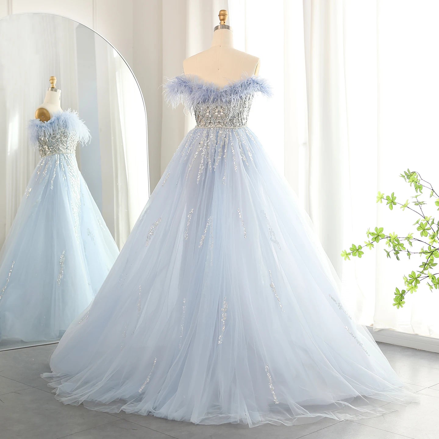 Luxury Feathers Lilac Evening Dress with Overskirt Side Slit Blue Green Women Wedding Party Gowns - Image 13