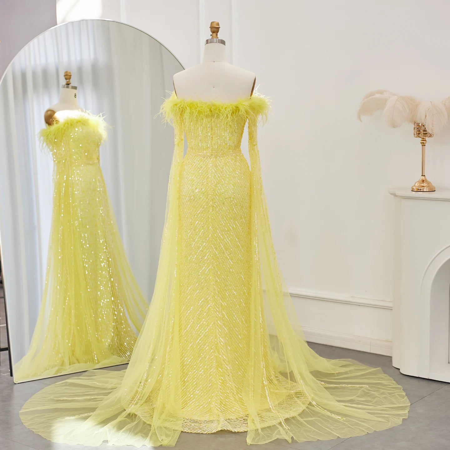 Luxury Feathers Mermaid Sage Green Evening Dresses with Cape Sleeves Pink Yellow Wedding Party Gowns - Image 15