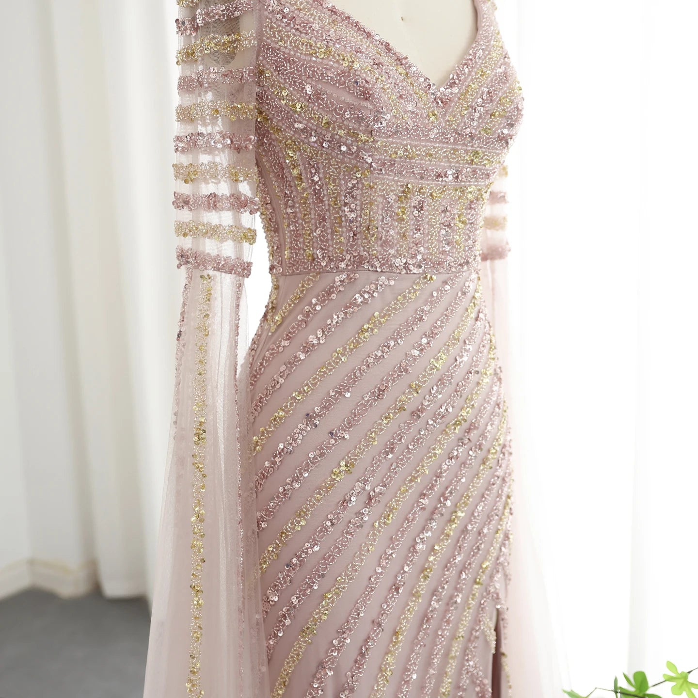 Luxury Beaded Mermaid Evening Dresses with Cape Sleeves Side Slit Women Long Wedding Party Gowns - Image 8