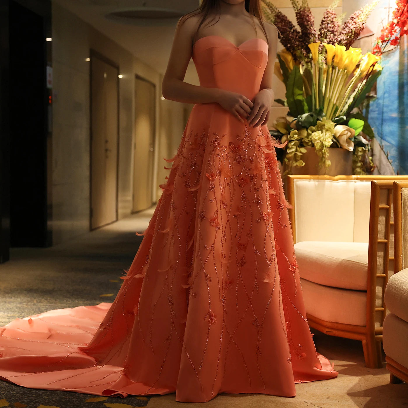 Luxury Feathers Coral Pink Evening Dresses 3D Flowers Sweetheart Long Women Wedding Formal Party Dress - Image 15