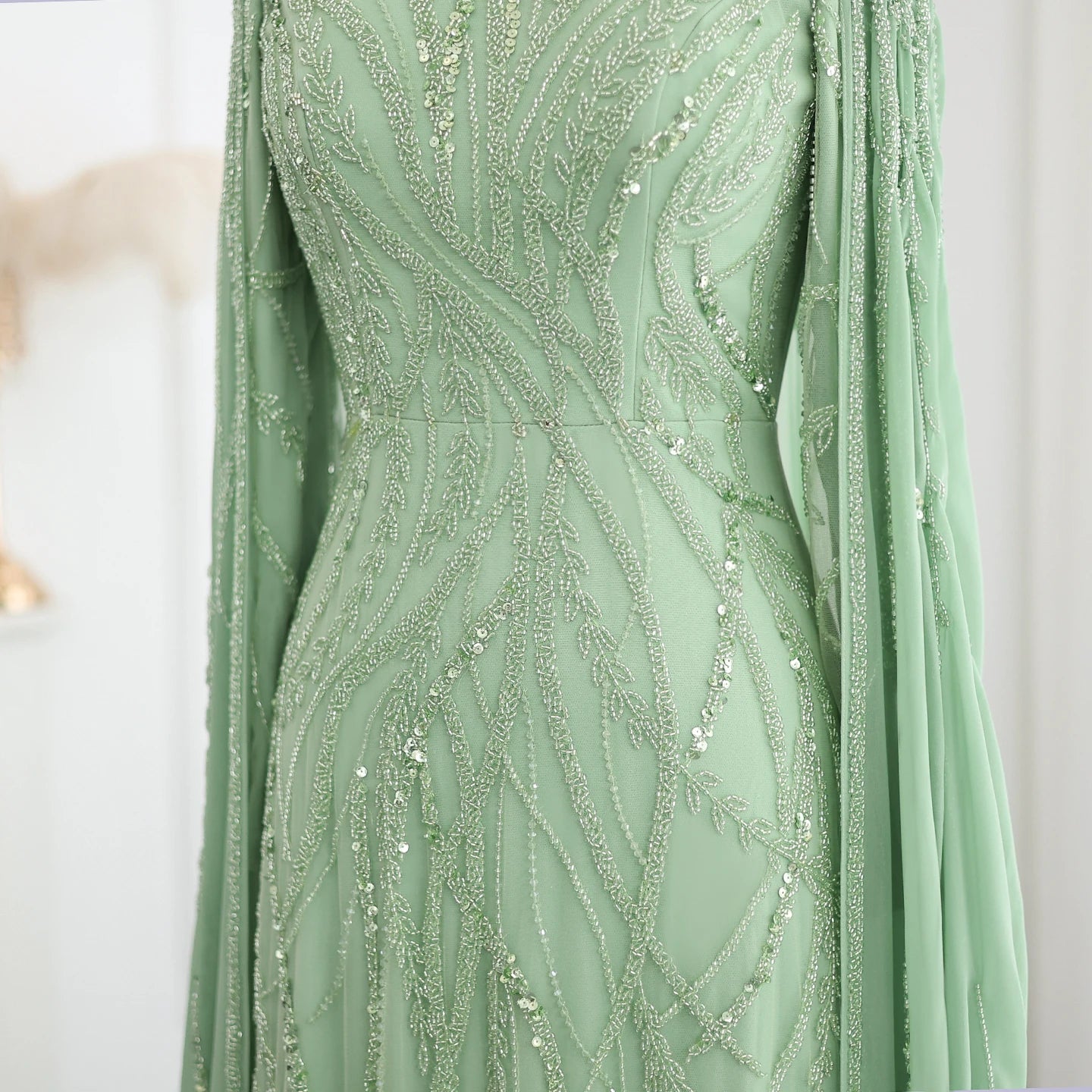 Beaded Sage Green Muslim Evening Dresses with Cape Long Sleeves Arabic Women Wedding Party Gown - Image 2