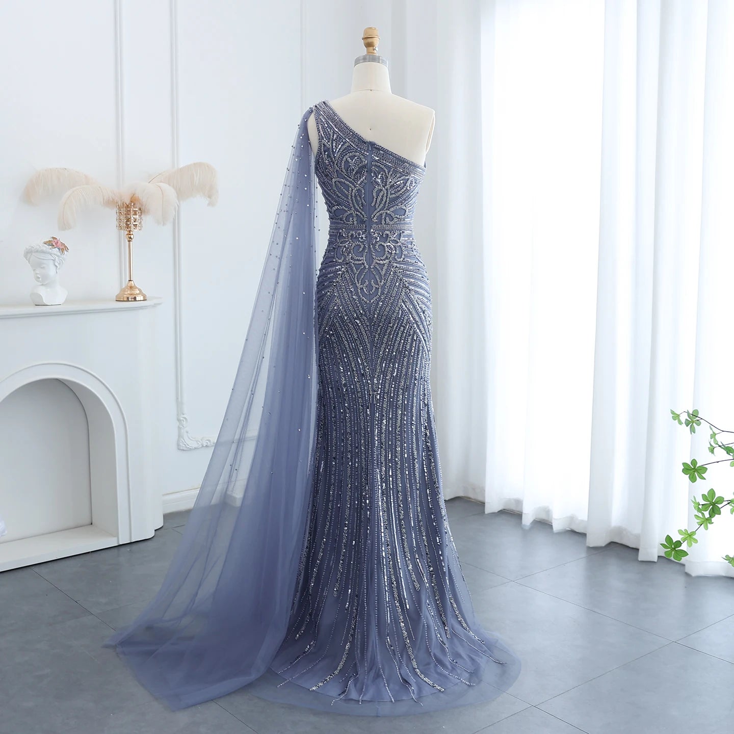 Luxury Beaded Mermaid Nude Evening Dress with Cape Sleeve One Shoulder Side Slit Women Wedding Party Gowns - Image 9