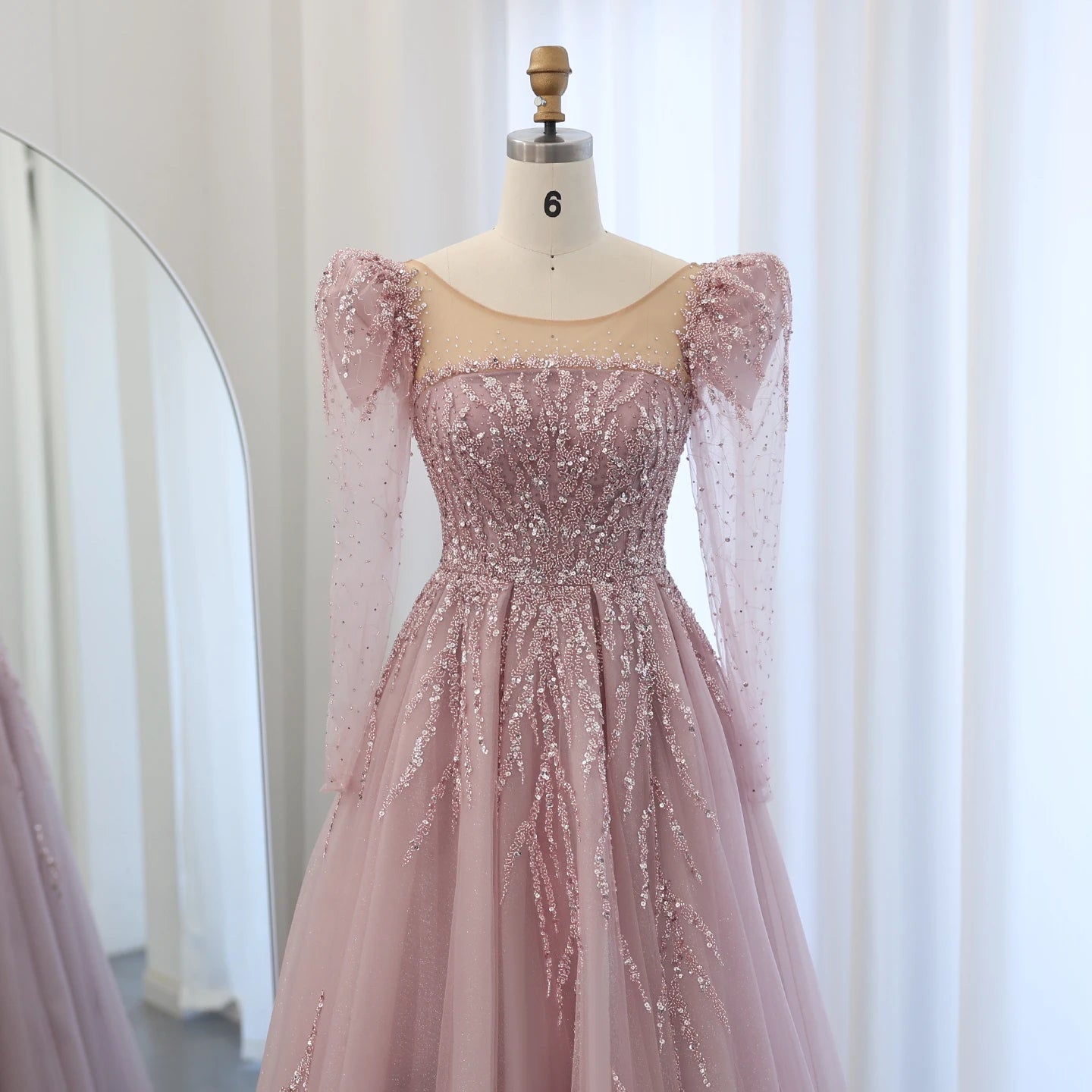 Dusty Pink Long Sleeves Luxury Evening Dress for Women Wedding Party Formal Prom Gowns - Image 2