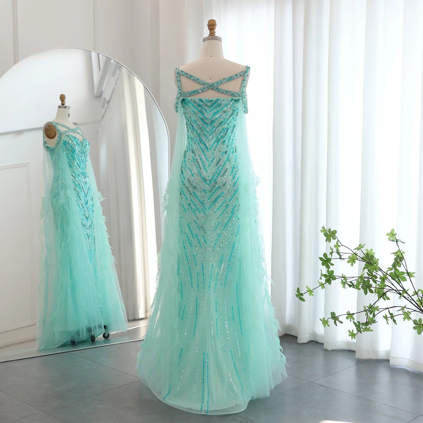Fuchsia Mermaid Evening Dresses with Cape Sleeves Luxury Turquoise Women Wedding Party Dress - Image 20