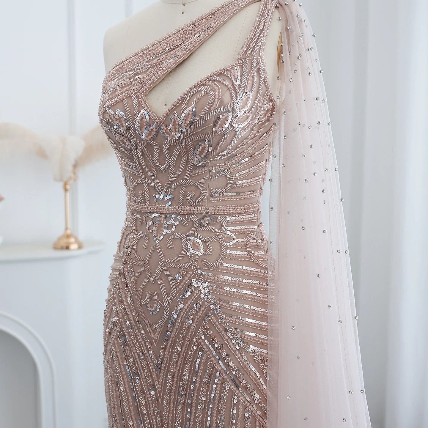 Luxury Beaded Mermaid Nude Evening Dress with Cape Sleeve One Shoulder Side Slit Women Wedding Party Gowns - Image 13