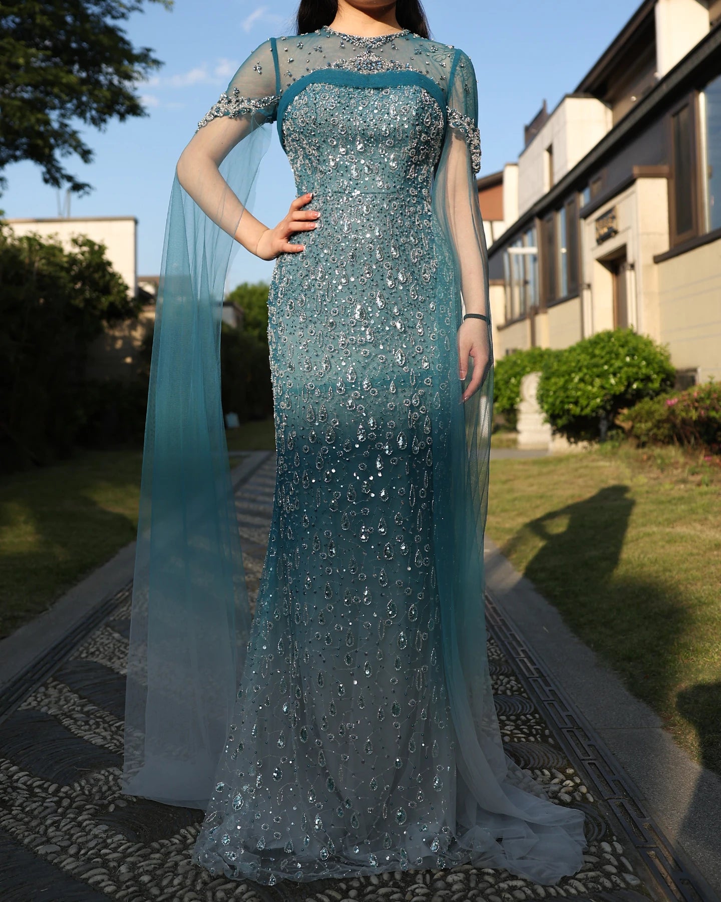 Mermaid Turquoise Crystal Evening Dresses with Cape Sleeves Arabic Women Wedding Party Gowns - Image 2