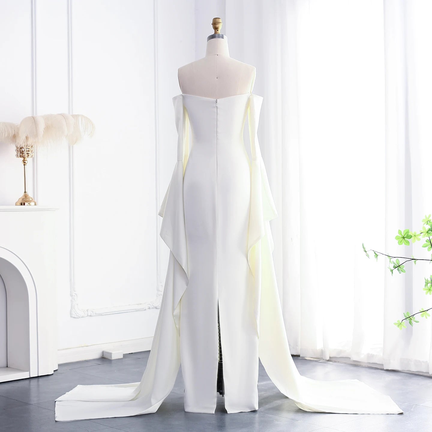Elegant Off Shoulder Straight Beige Satin Evening Dress For Women Wedding Floor Length - Image 4