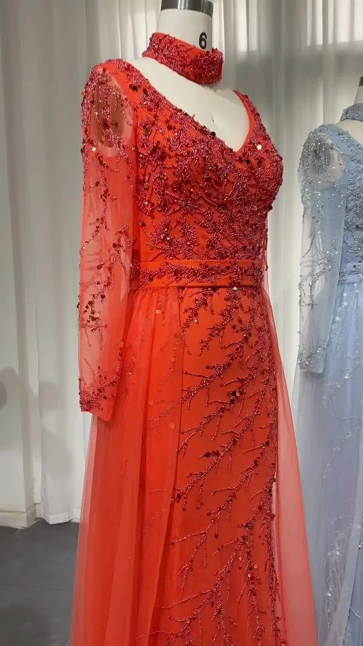 Luxury Beaded Mermaid Evening Dress with Overskirt Long Sleeves Women Wedding Party Gowns - Image 3
