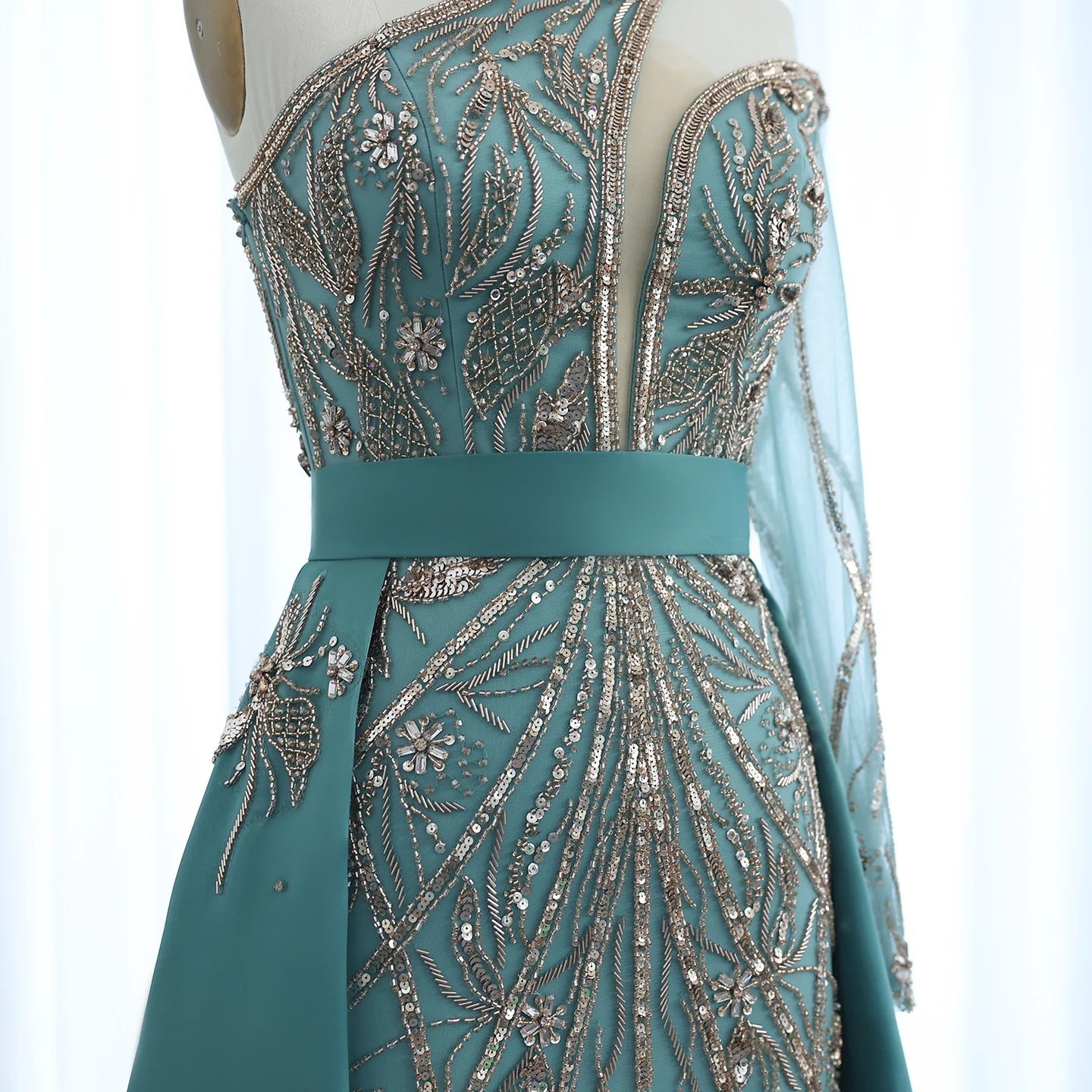Luxury Beads One Shoulder Turquoise Evening Dress with Overskirt Women Wedding Party Gown - Image 12