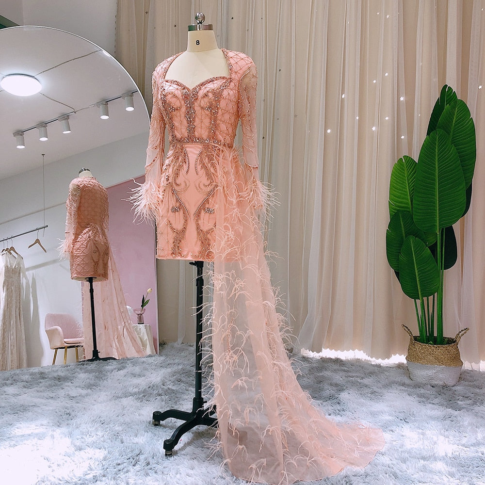 Luxury Coral Short Evening Dresses with Feathers OverSkirt Mini Cocktail Party Dress - Image 7