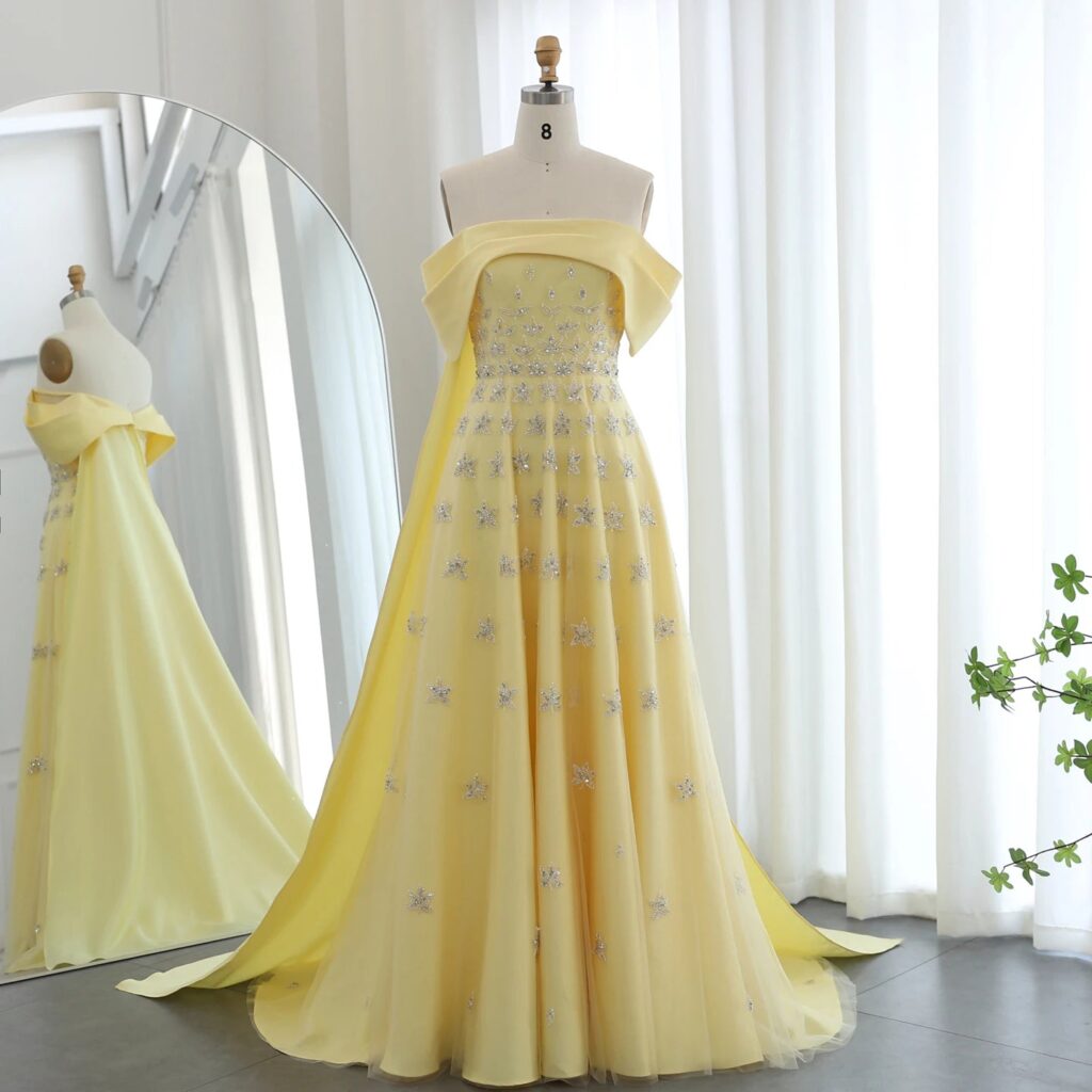 Yellow Satin Luxury Evening Dress with Cape 2024 Elegant Off Shoulder Women Wedding Party Gowns