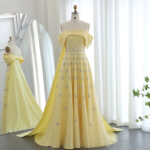 Yellow Satin Luxury Evening Dress with Cape 2024 Elegant Off Shoulder Women Wedding Party Gowns