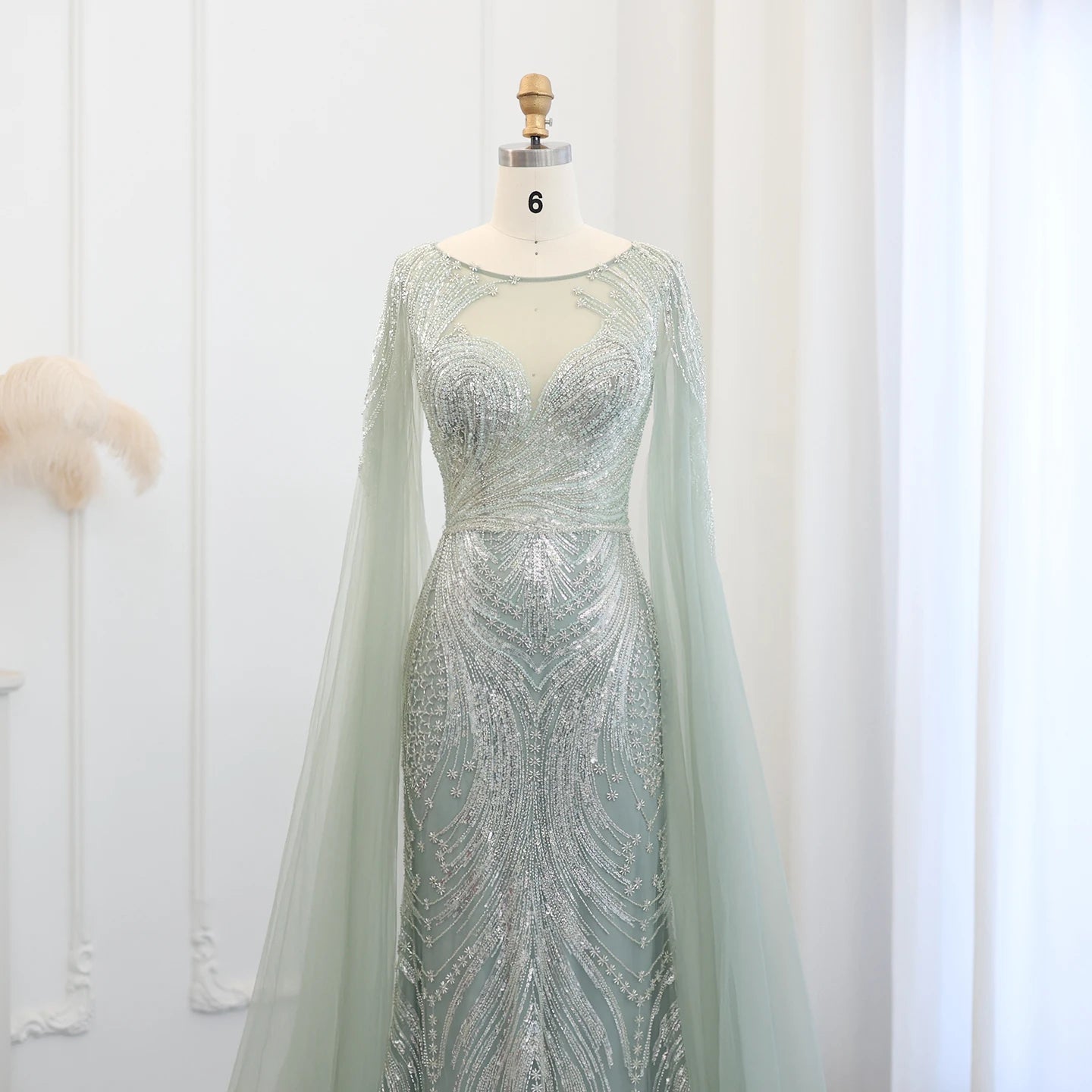 Luxury Blue Mermaid Evening Dress with Cape Sleeves 2024 Sage Green Plus Size Women Wedding Party Gowns - Image 14