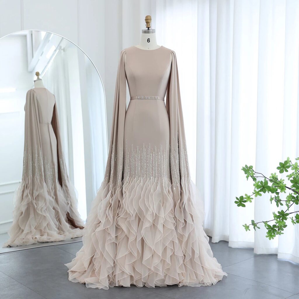Luxury Mermaid Nude Evening Dresses with Cape Sleeves Tiered Ruffles Women Wedding Party Gowns