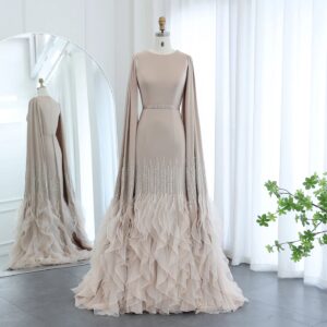 Luxury Mermaid Nude Evening Dresses with Cape Sleeves Tiered Ruffles Women Wedding Party Gowns