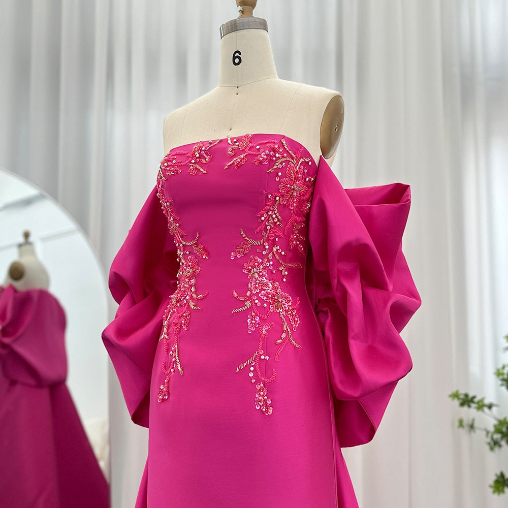 Fuchsia Mermaid Luxury Evening Dresses with Cape Shawl Long Wedding Party Guest Gowns - Image 11