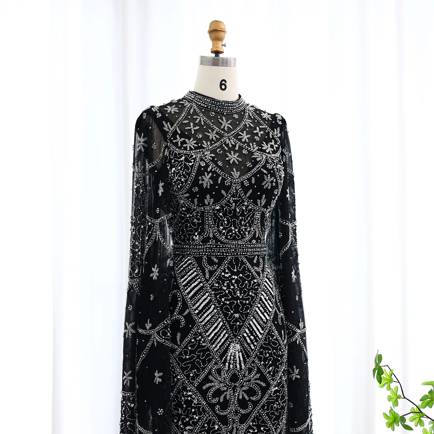 Black Beaded Luxury Evening Dress with Flare Long Sleeves High Neck Formal Party Gowns - Image 6