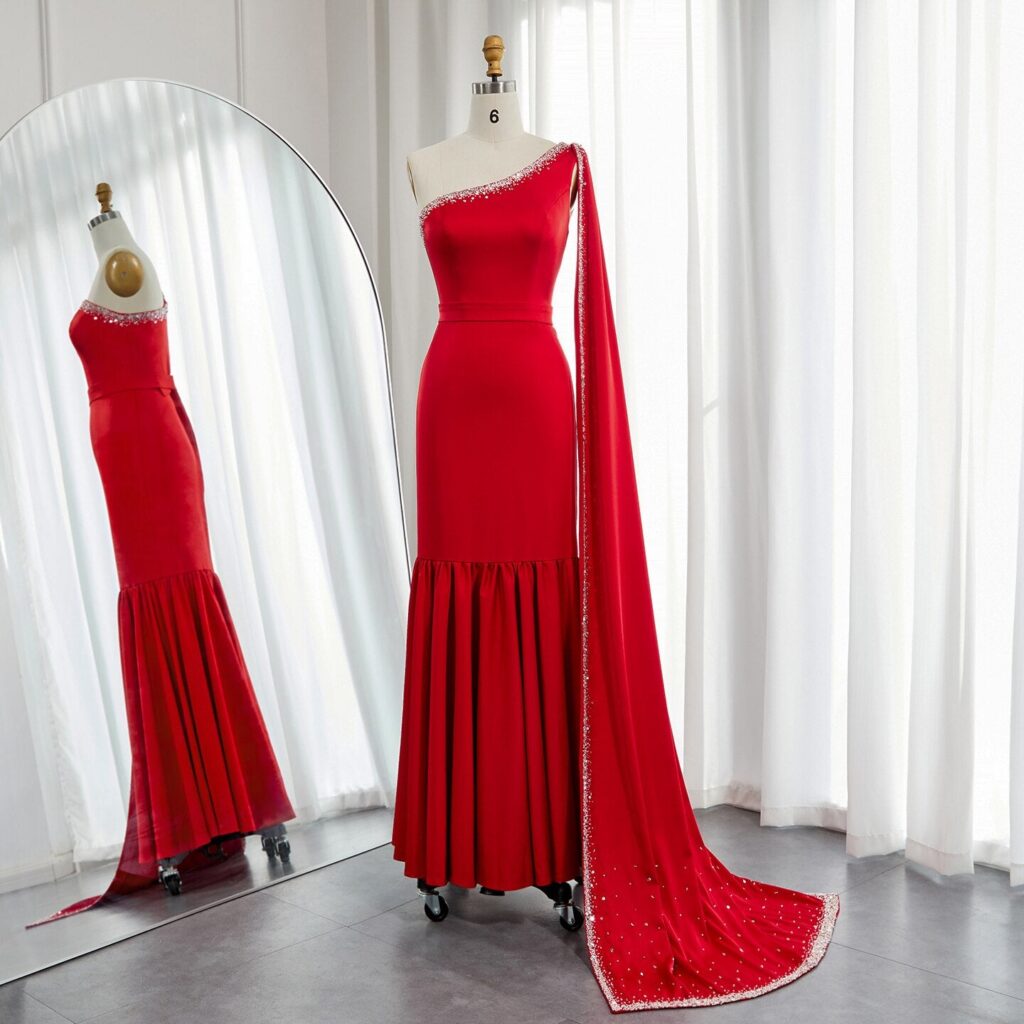 Burgundy One Shoulder Evening Dress with Cape Sleeve Women for Wedding Luxury Dubai Formal Party Gowns