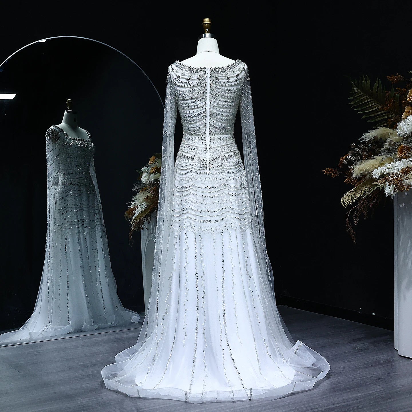Luxury Nude Evening Dress with Cape Sleeves Blue White Women Wedding Party Gowns - Image 6