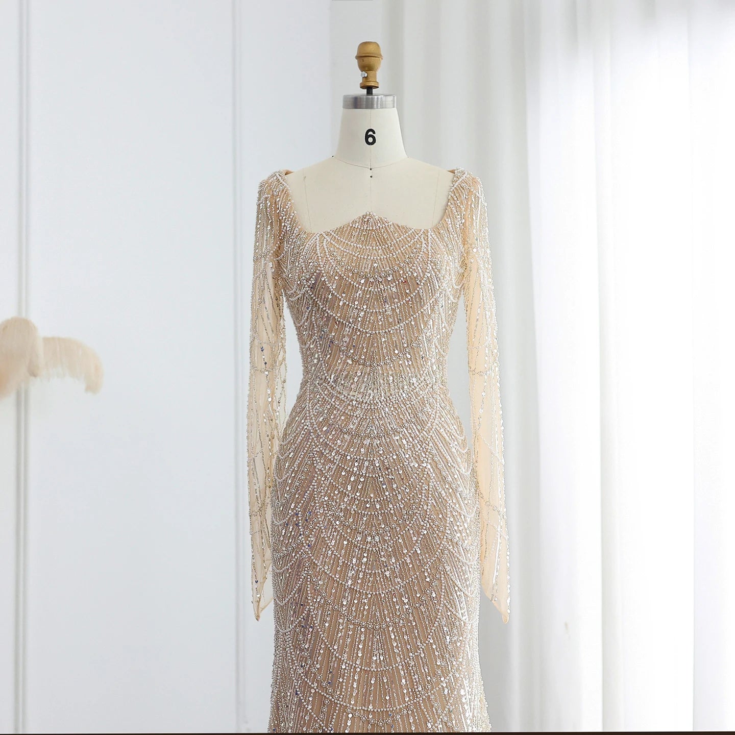 Beads Black Mermaid Long Sleeve Evening Dress for Women Champagne Formal Dresses Prom Dress - Image 14