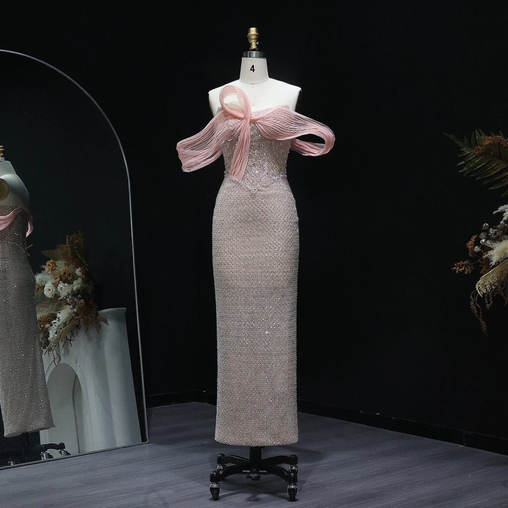 Elegant Off Shoulder Chic Blush Pink Evening Dress Luxury Embroidery For Women Wedding Party
