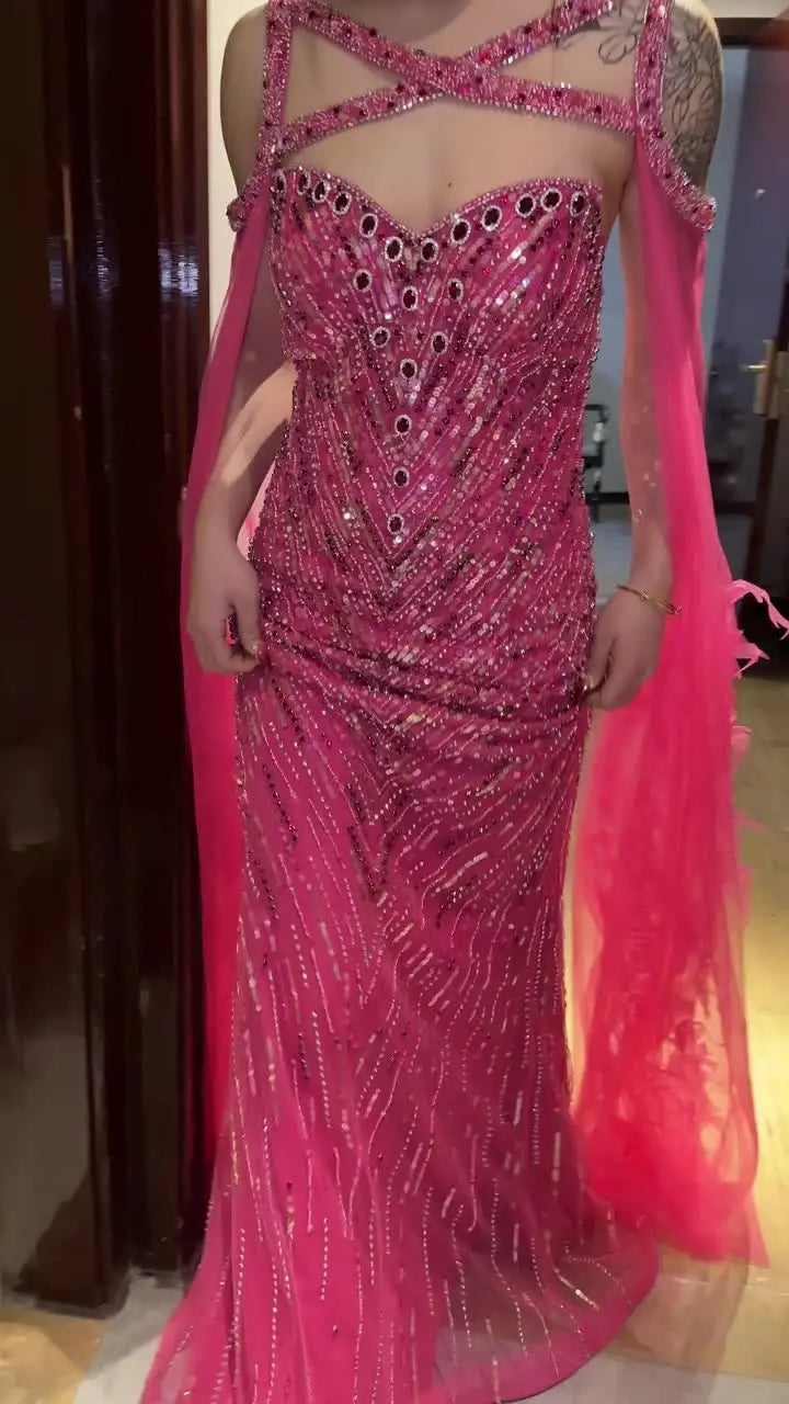 Fuchsia Mermaid Evening Dresses with Cape Sleeves Luxury Turquoise Women Wedding Party Dress - Image 4