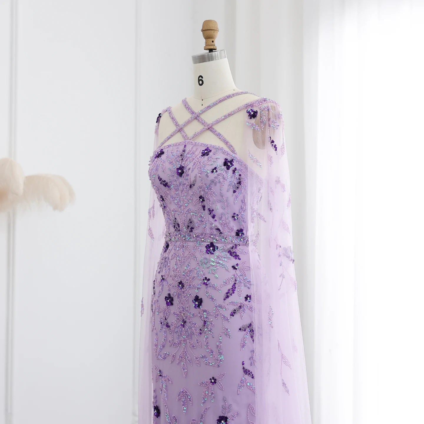 Luxury Lilac Evening Dresses with Cape Sleeves Criss Cross Elegant Arab Women Wedding Party Gowns - Image 6