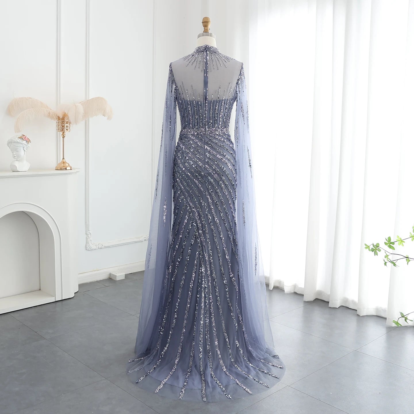 Luxury Beaded Mermaid Nude Evening Dress with Cape Sleeve One Shoulder Side Slit Women Wedding Party Gown - Image 13