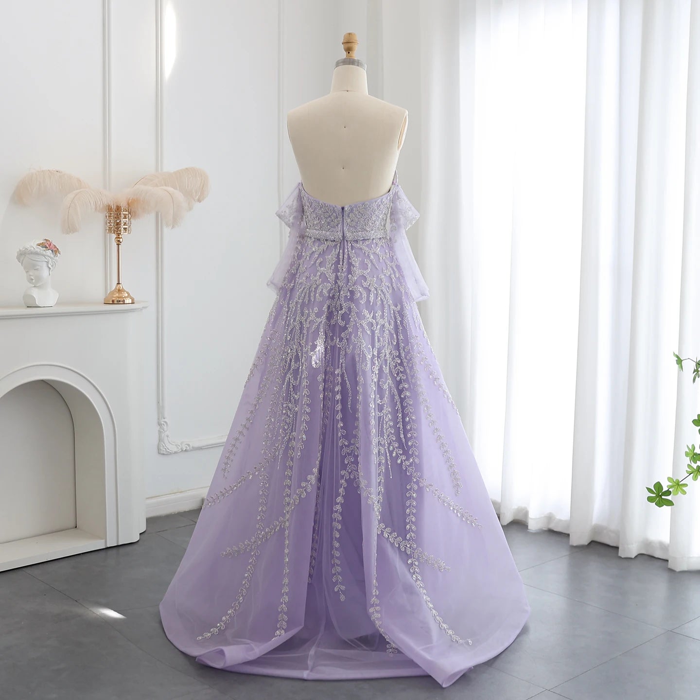 Luxury Beaded Lilac Evening Dress with Sleeves Elegant Strapless Women Wedding Party Gowns - Image 3