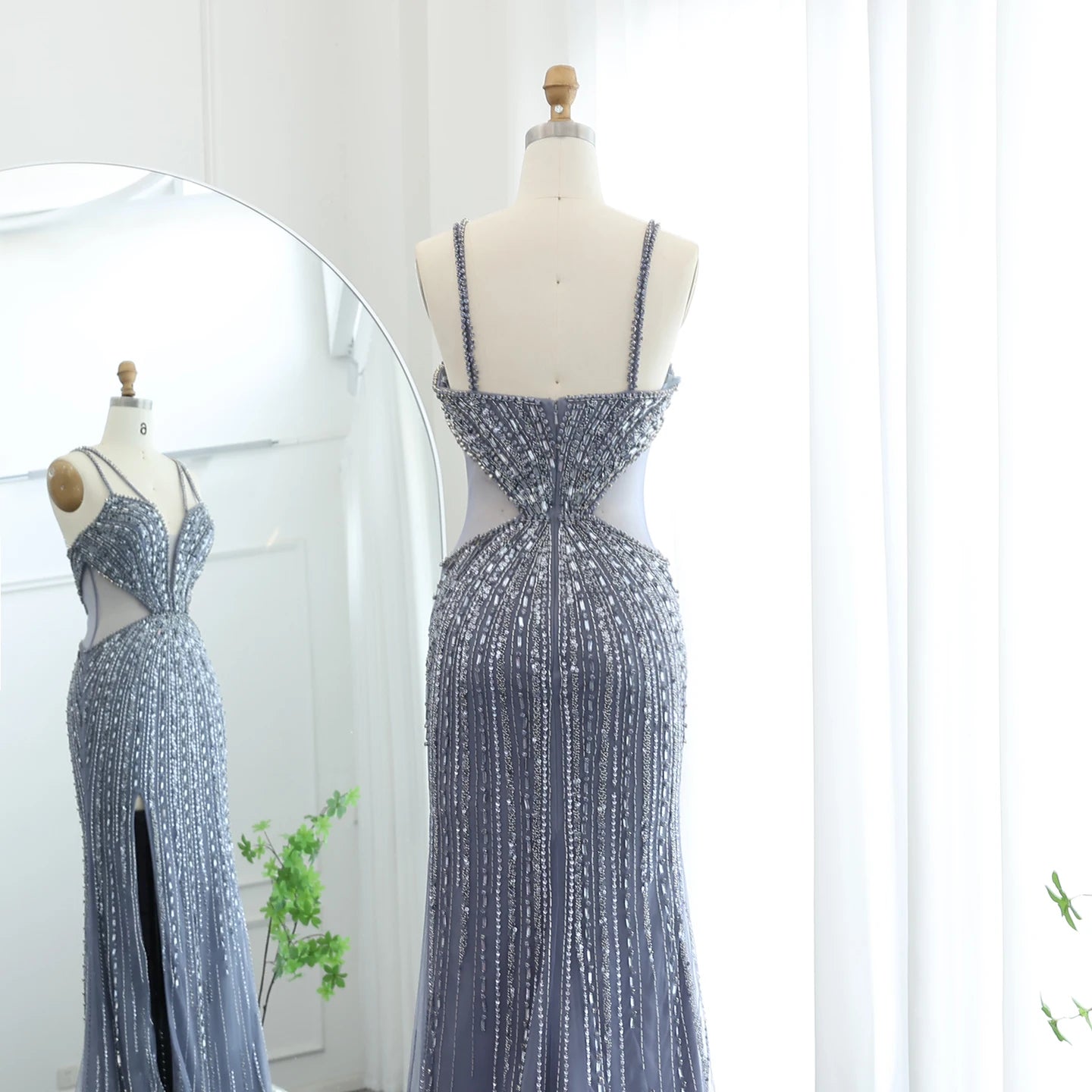 Luxury Beaded Nude Mermaid Evening Dresses Sexy V-neck High Slit Blue Long Women Wedding Party Prom Dress - Image 12