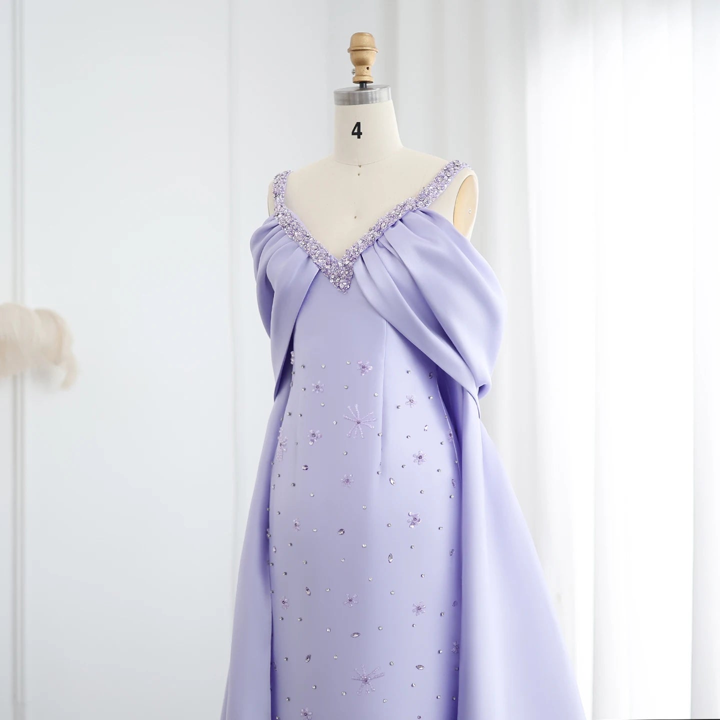 Lilac Off Shoulder Lilac Evening Dresses with Cape Luxury Beaded Women Wedding Party Gowns - Image 4