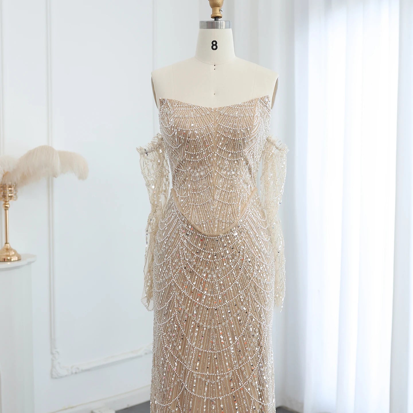 Luxury Beaded Arabic Nude Evening Dresses with Long Sleeves Elegant Women Wedding Formal Party Gowns - Image 2