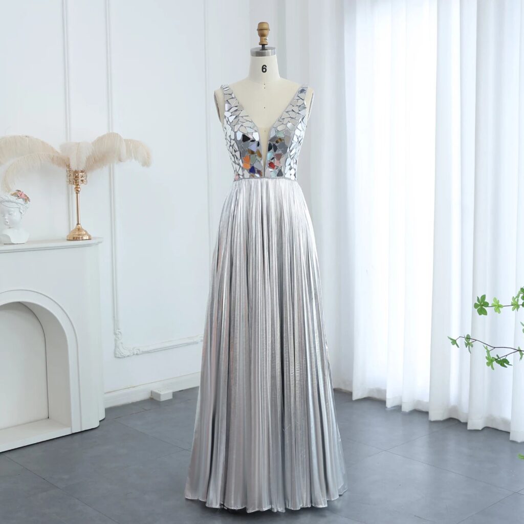 Sparkly Diamond Silver V-Neck Long Evening Dresses for Women Wedding Elegant Gold Formal Party Gowns
