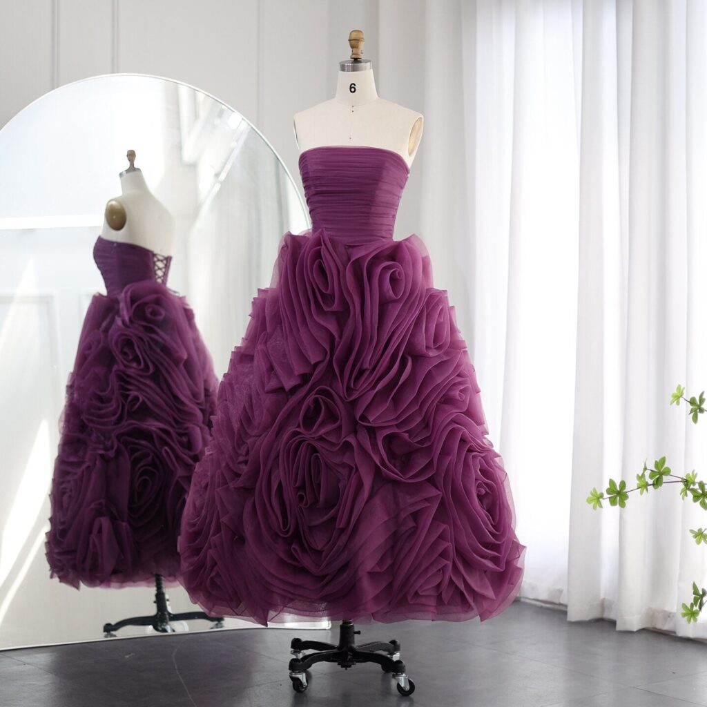 Luxury 3D Flower Short Evening Dresses for Women Wedding Party Strapless Midi Formal Prom Gowns