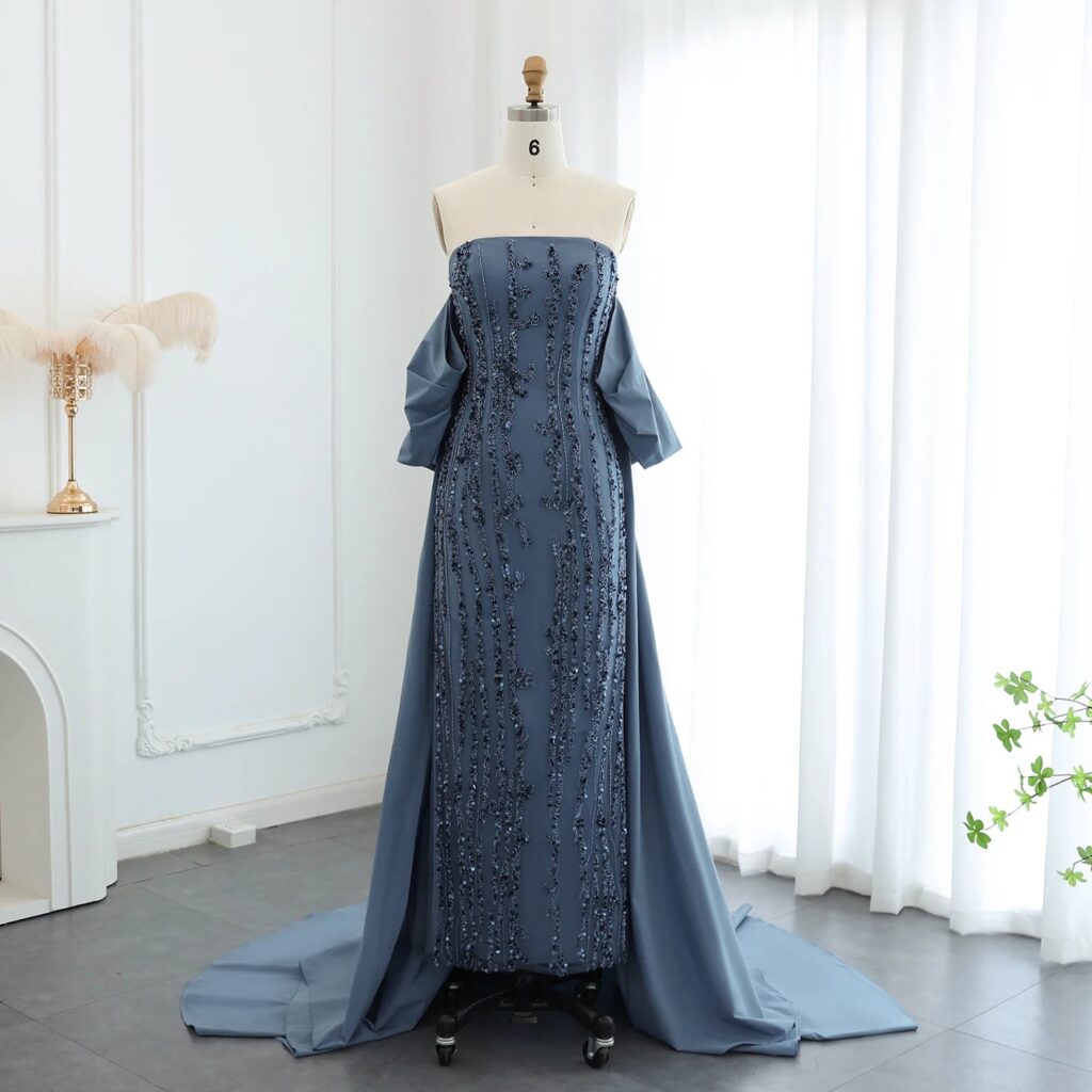 Luxury Blue Strapless Evening Dress with Cape Dubai Beaded Black Yellow Wedding Party Gowns