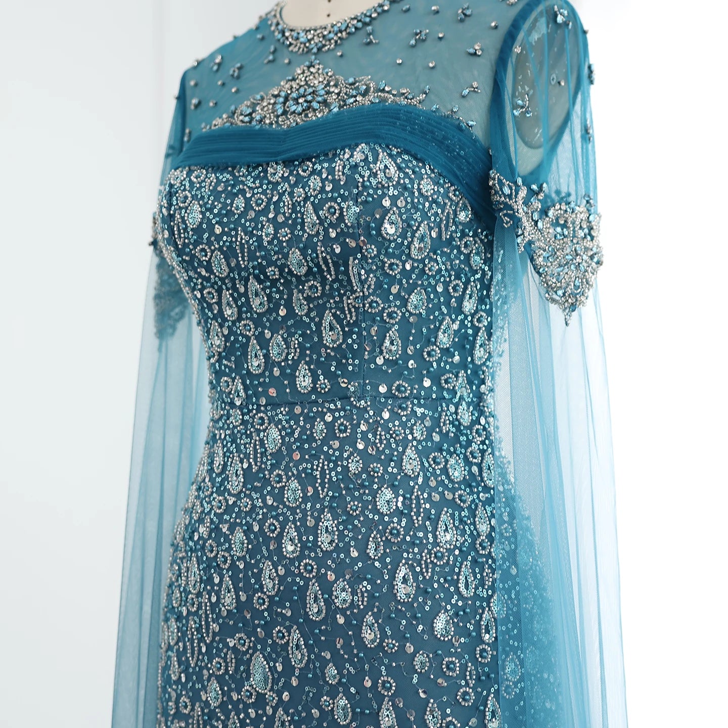 Mermaid Turquoise Crystal Evening Dresses with Cape Sleeves Arabic Women Wedding Party Gowns - Image 6