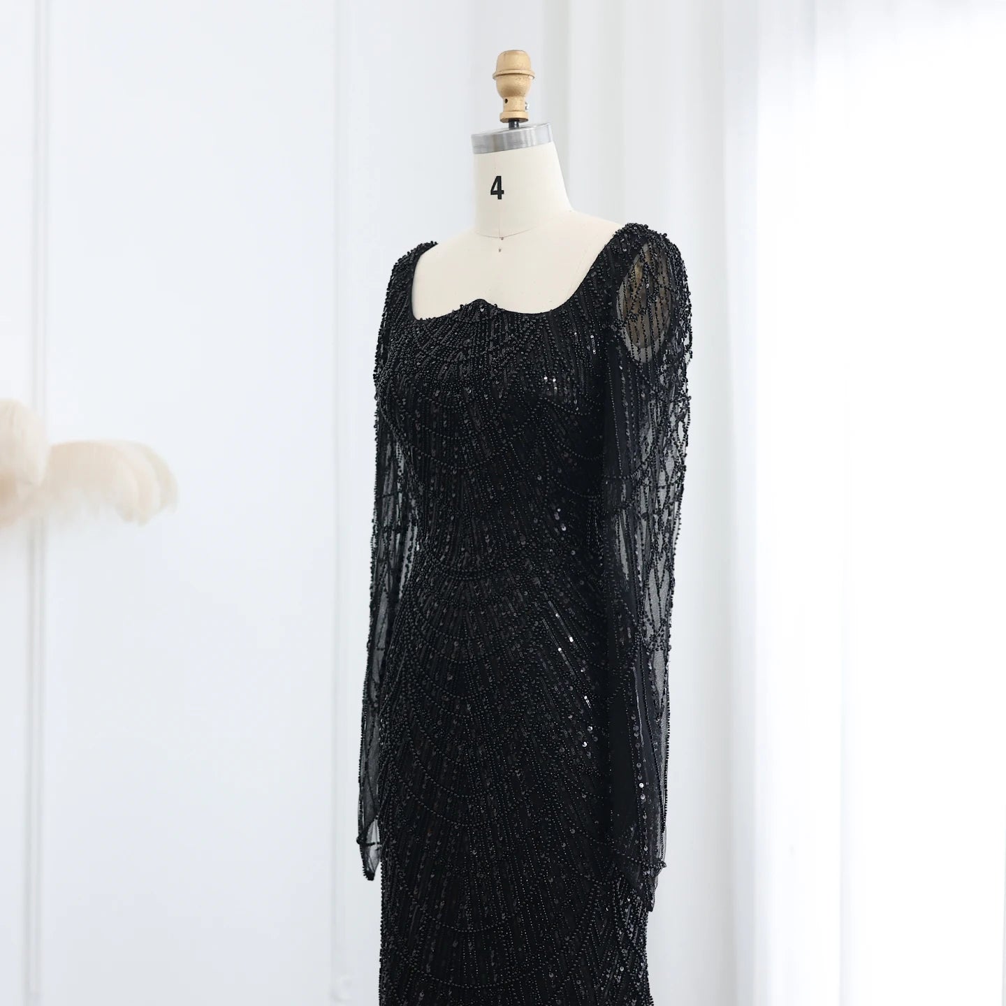 Beads Black Mermaid Long Sleeve Evening Dress for Women Champagne Formal Dresses Prom Dress - Image 8