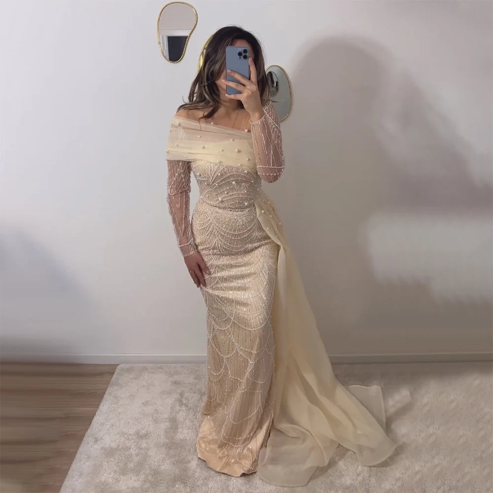 Luxury Beaded Champagne Mermaid Long Sleeves Evening Dress for Women Wedding Formal Party Gowns - Image 2