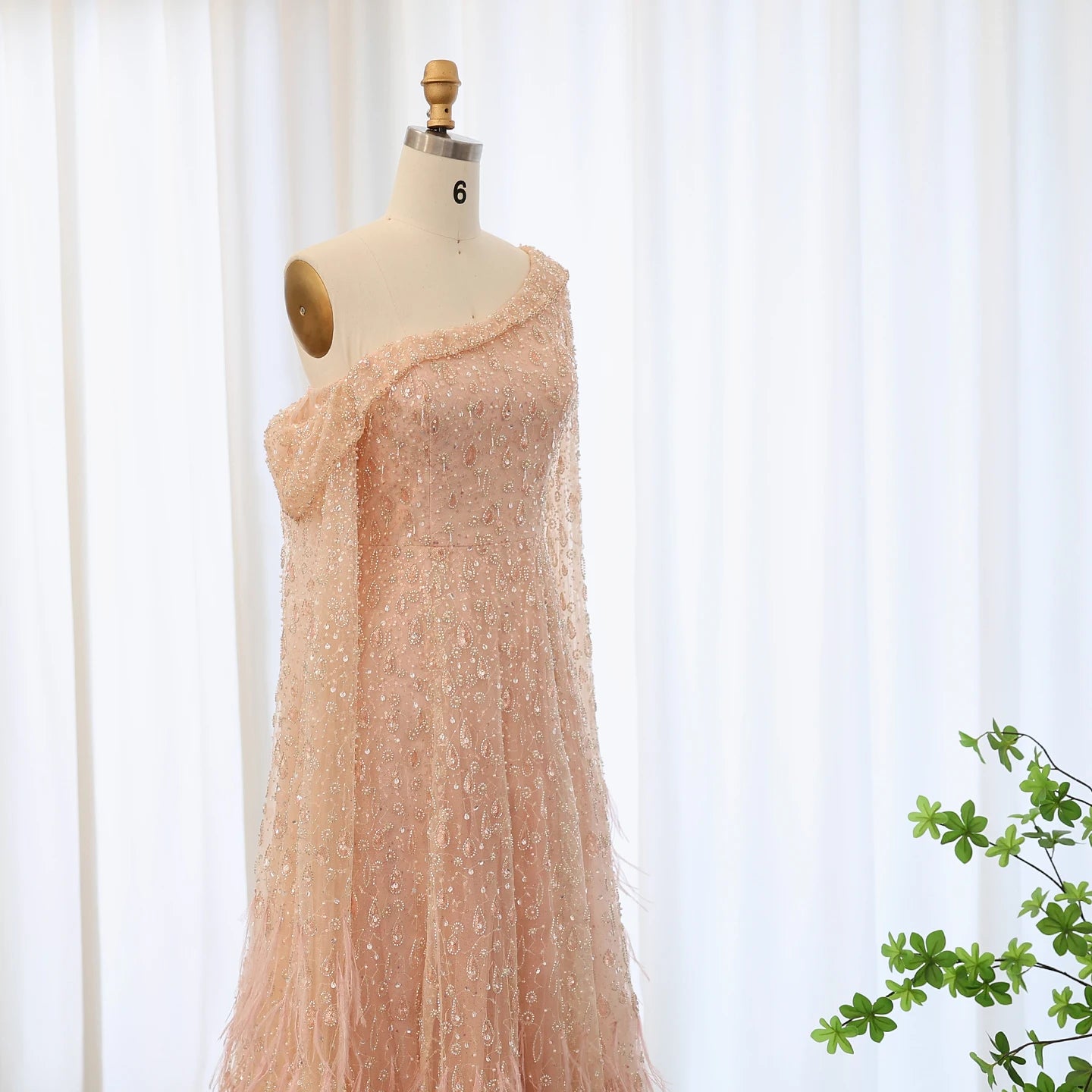 Luxury Feather One Shoulder Evening Dresses with Cape Sleeves Rose Gold Lilac Women Wedding Party Gowns - Image 9