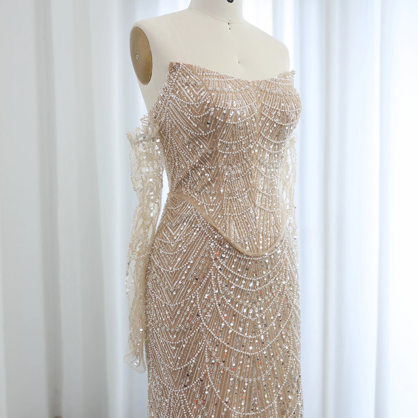 Luxury Beaded Arabic Nude Evening Dresses with Long Sleeves Elegant Women Wedding Formal Party Gowns - Image 3
