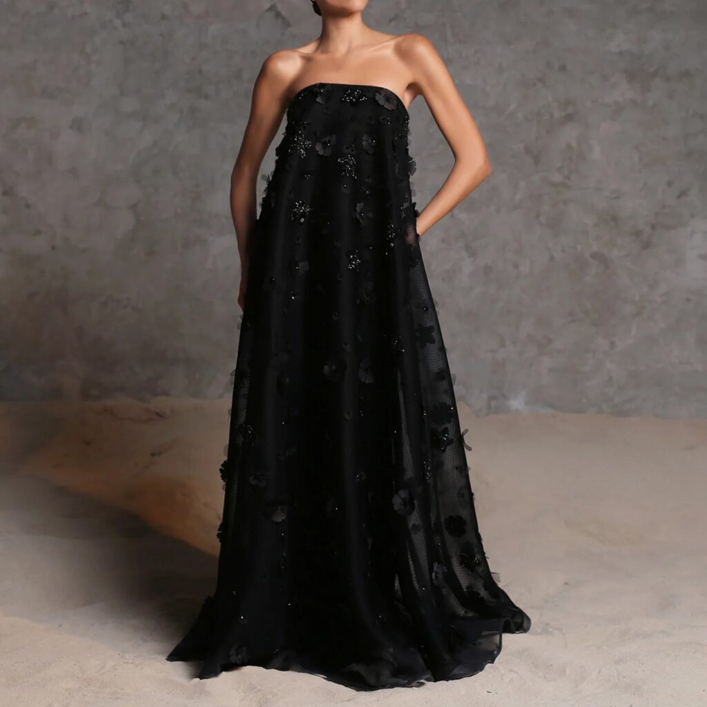 Luxury 3D Flowers Black Strapless Evening Dress Women Long Formal Party Dresses for Wedding