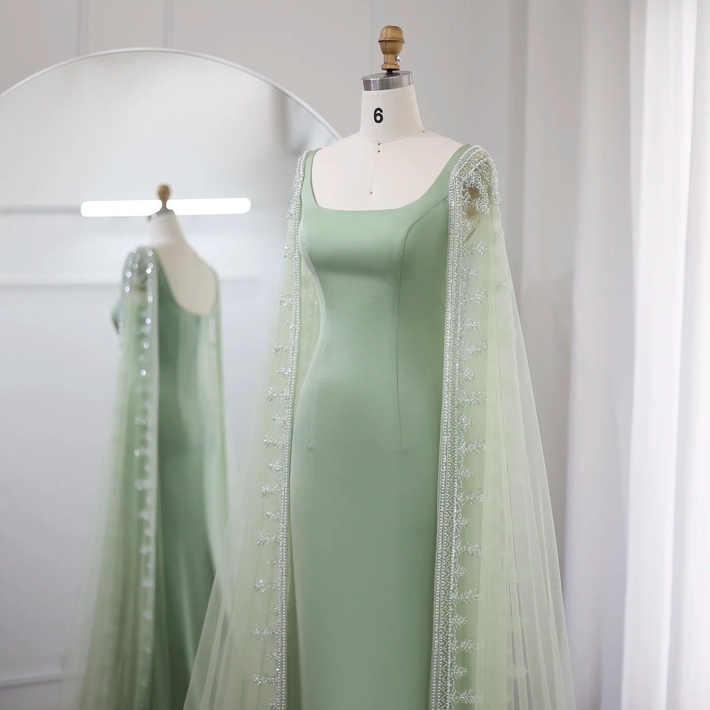 Luxury Blue Mermaid Evening Dresses with Cape Sleeves Sage Green Elegant Women Wedding Party Gowns - Image 11