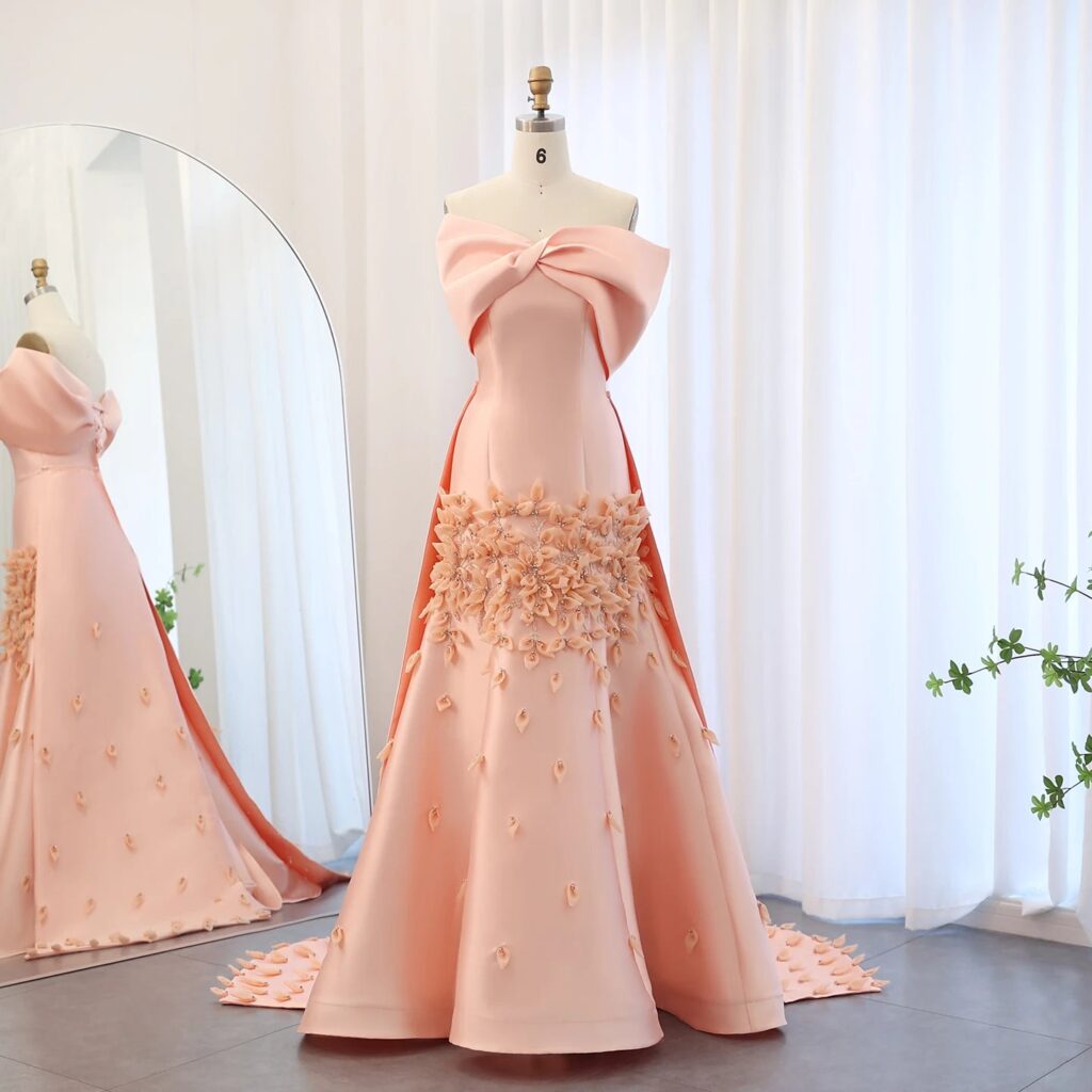Luxury 3D Flowers Blush Pink Satin Mermaid Evening Dress Elegant Off Shoulder Women Wedding Prom Party Gowns