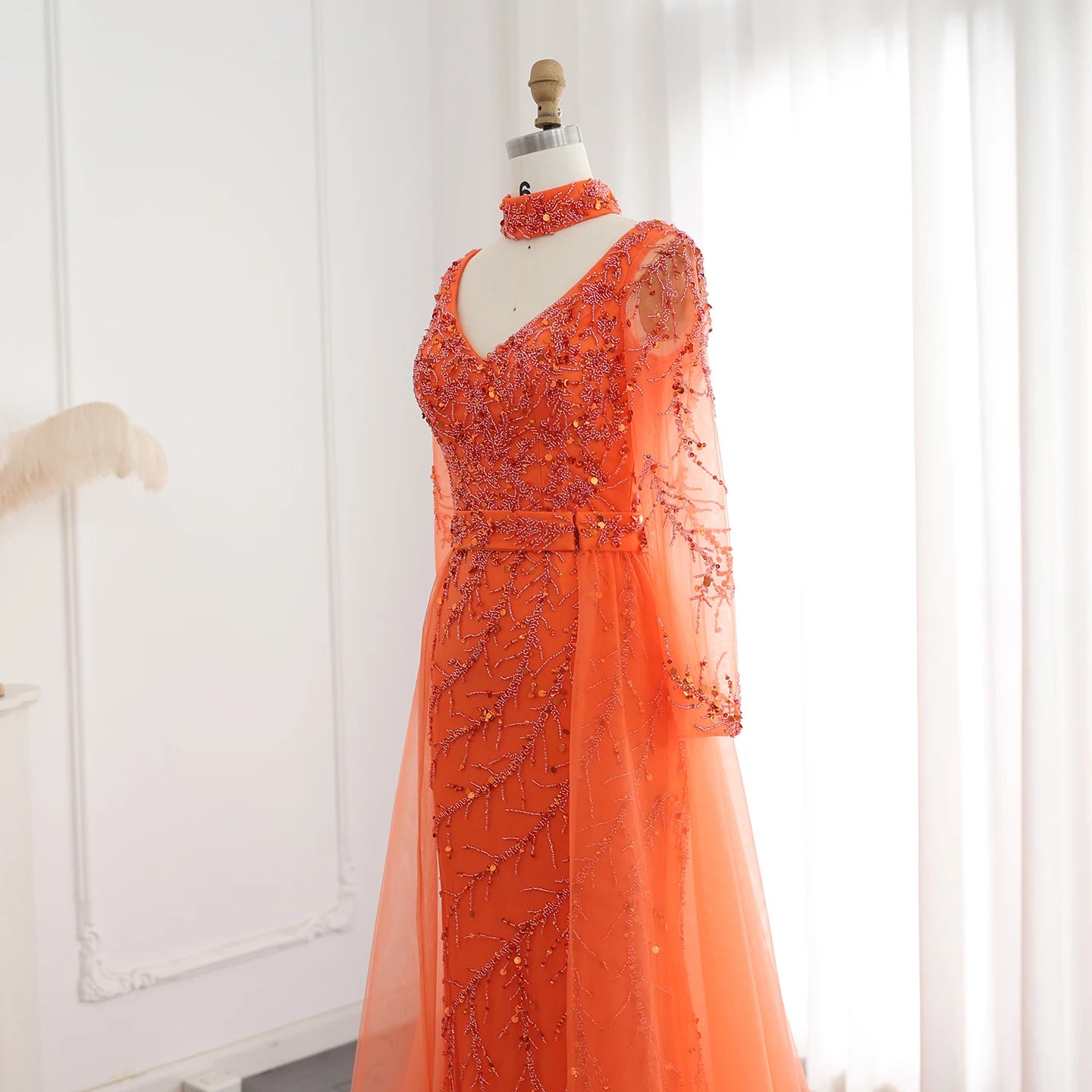 Luxury Beaded Mermaid Evening Dress with Overskirt Long Sleeves Women Wedding Party Gowns - Image 5