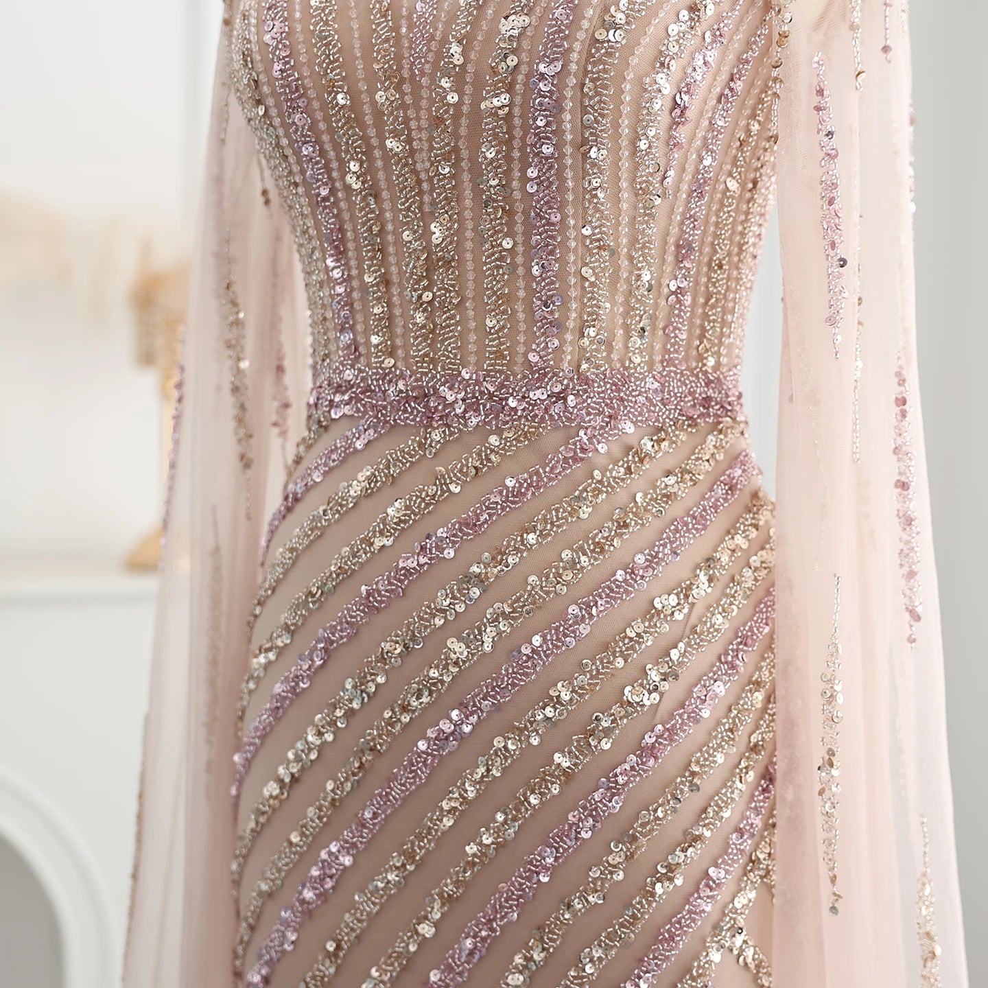 Luxury Beaded Mermaid Nude Evening Dress with Cape Sleeve One Shoulder Side Slit Women Wedding Party Gown - Image 4
