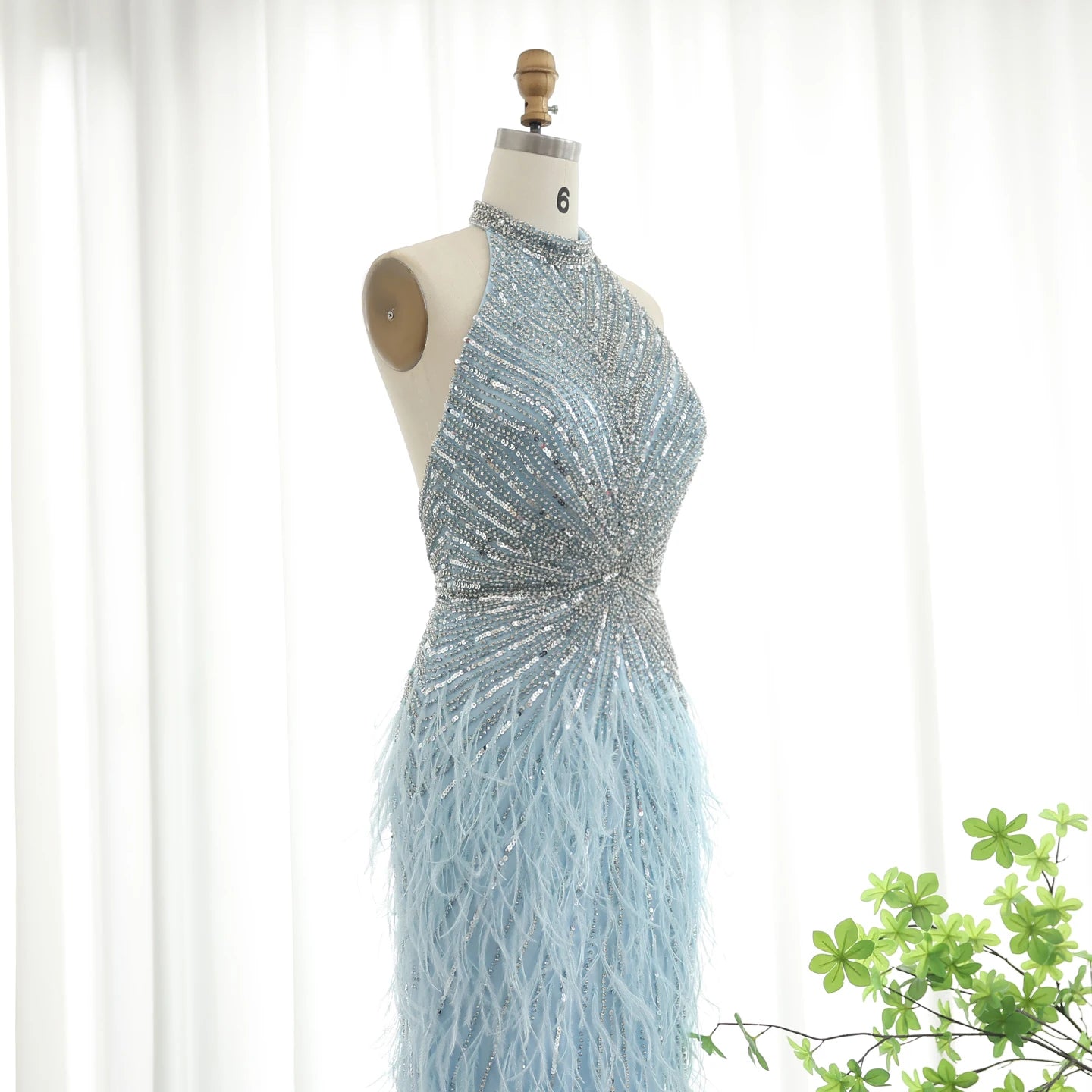 Luxury Beaded Feathers Mermaid Silver Gray Evening Dress Halter Backless Blue Beige Formal Party Gown - Image 19