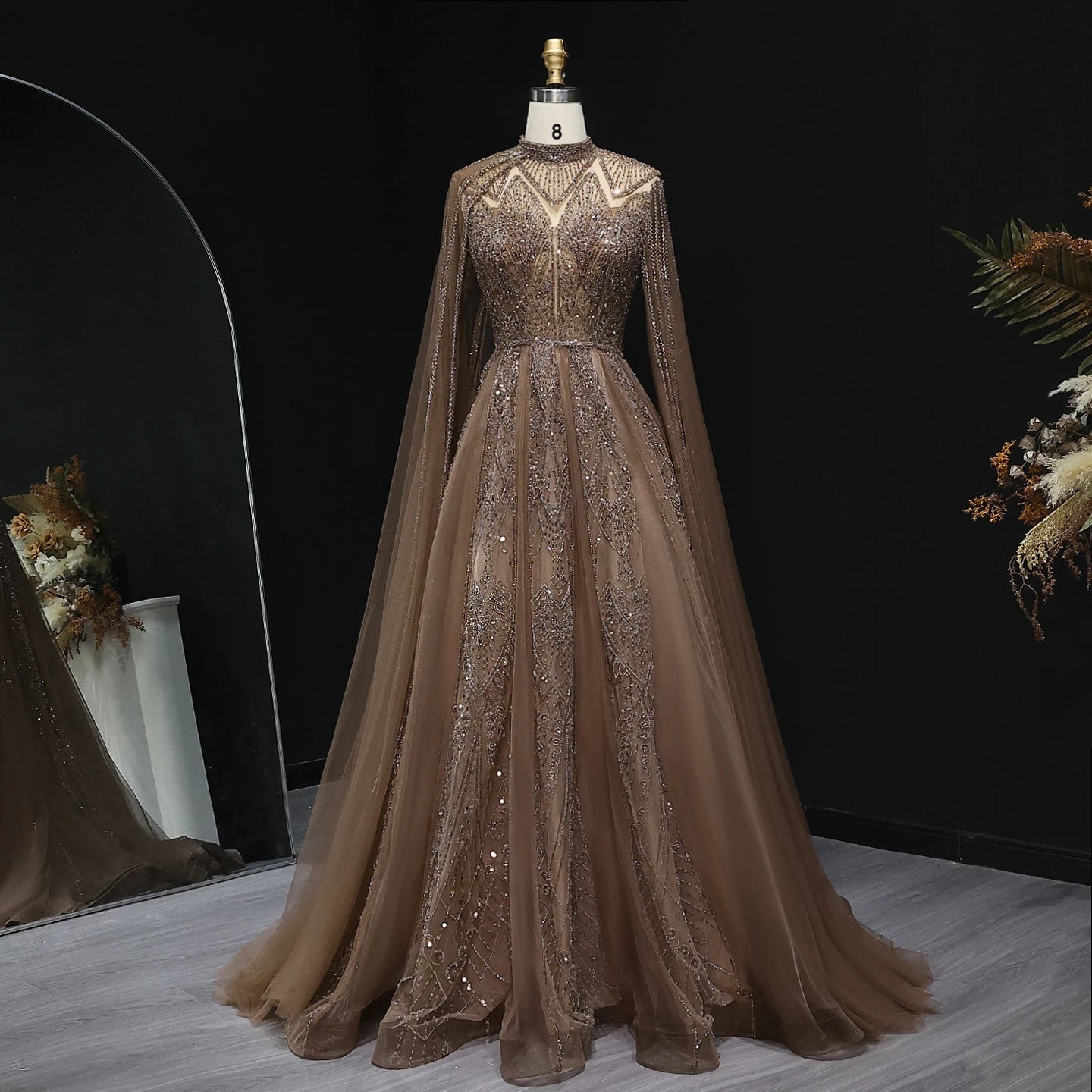 Luxury Pink Evening Dress with Cape Sleeves Brown Women Wedding Party Gowns - Image 2